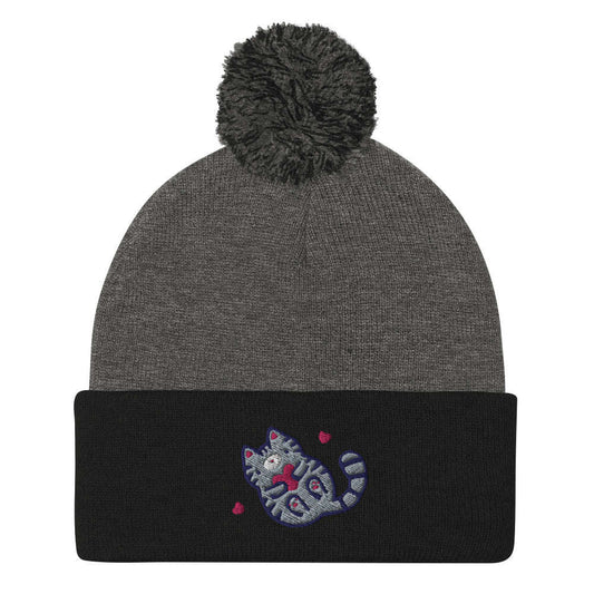 Grey Tabby Cat Pom-pom Beanie. Embroidered Kitten / Kitty Toque: Dark Heather Grey/ Black