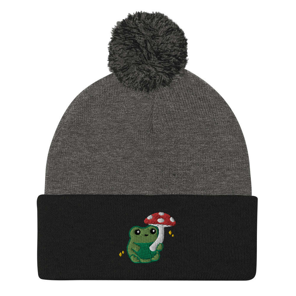 Pom-pom Beanie with Green Frog holding Mushroom Umbrella: Dark Heather Grey/ Black