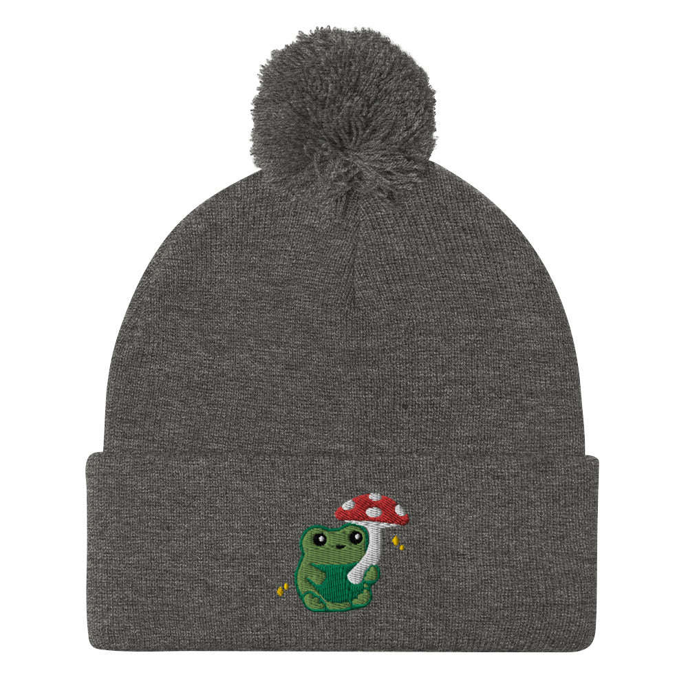 Pom-pom Beanie with Green Frog holding Mushroom Umbrella: Dark Heather Grey