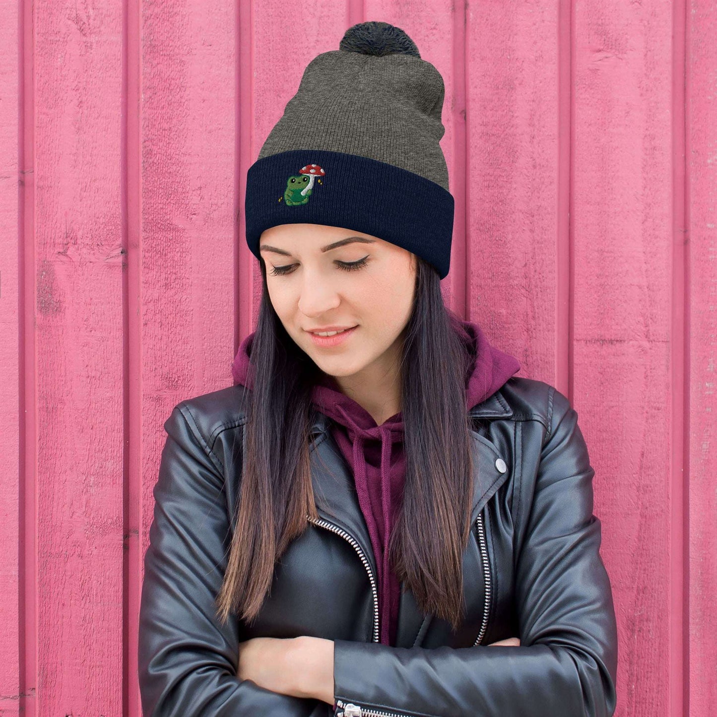 Pom-pom Beanie with Green Frog holding Mushroom Umbrella