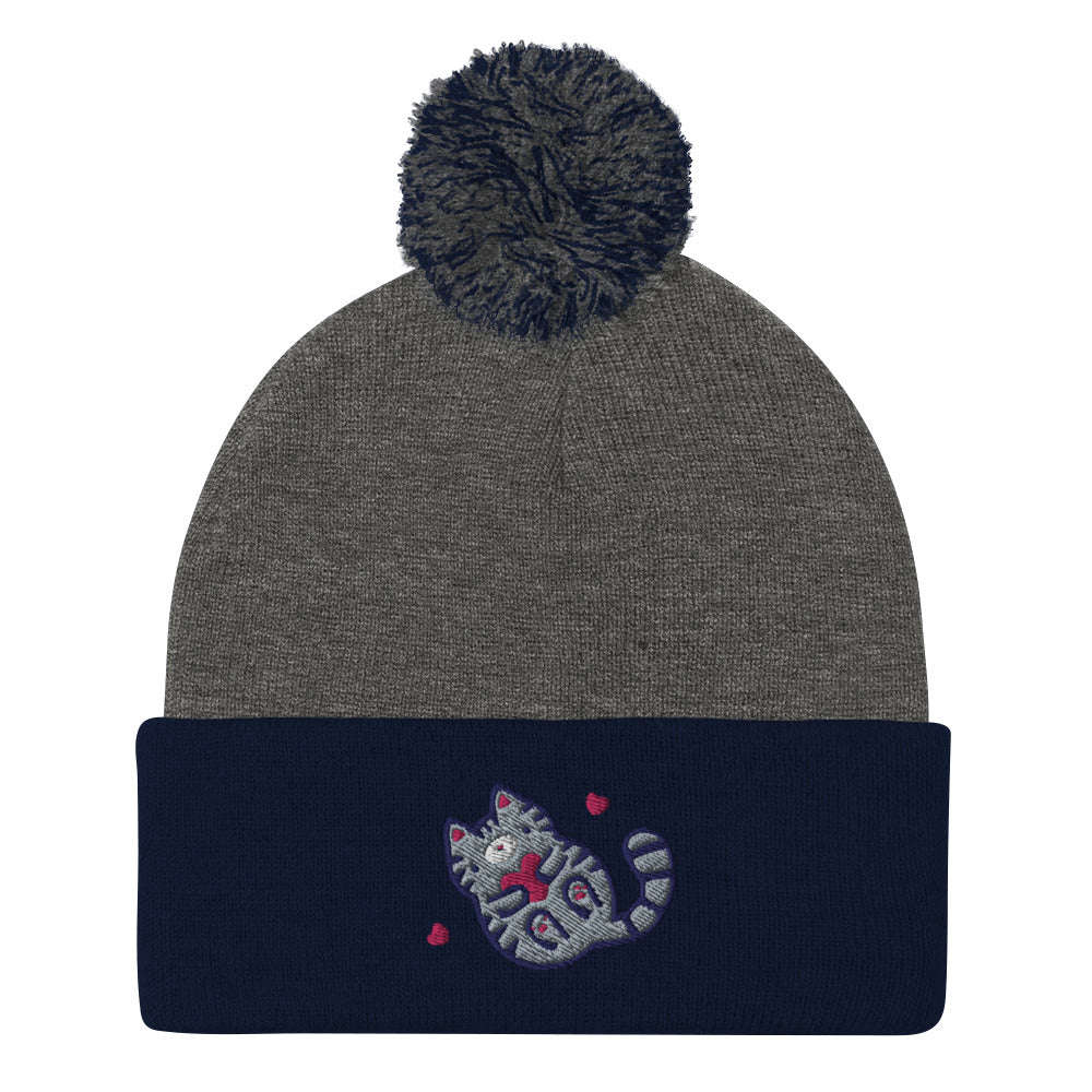 Grey Tabby Cat Pom-pom Beanie. Embroidered Kitten / Kitty Toque: Dark Heather Grey/ Navy