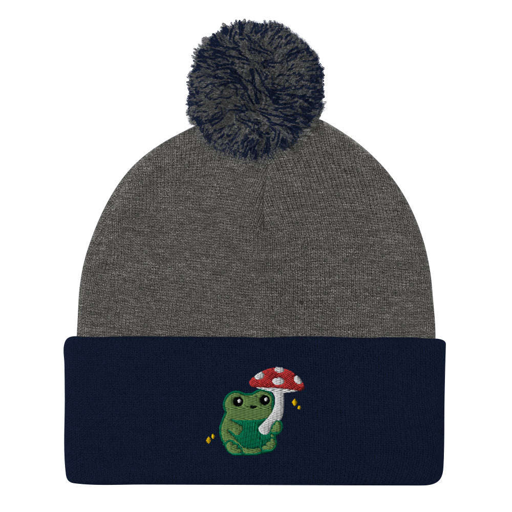 Pom-pom Beanie with Green Frog holding Mushroom Umbrella: Dark Heather Grey/ Navy