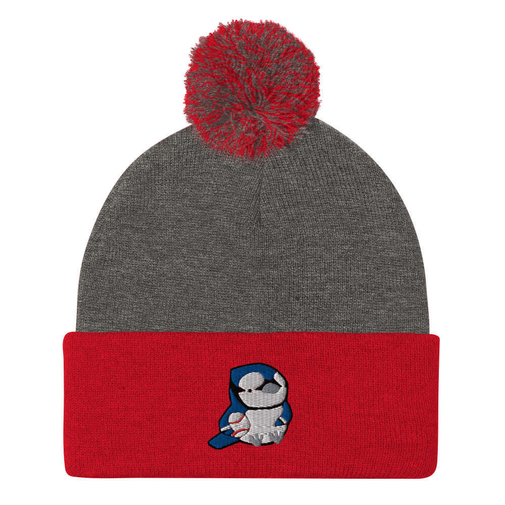 Blue Jay Pom-pom Beanie. Baseball Fan Gift. Toronto Toque: Dark Heather Grey/ Red