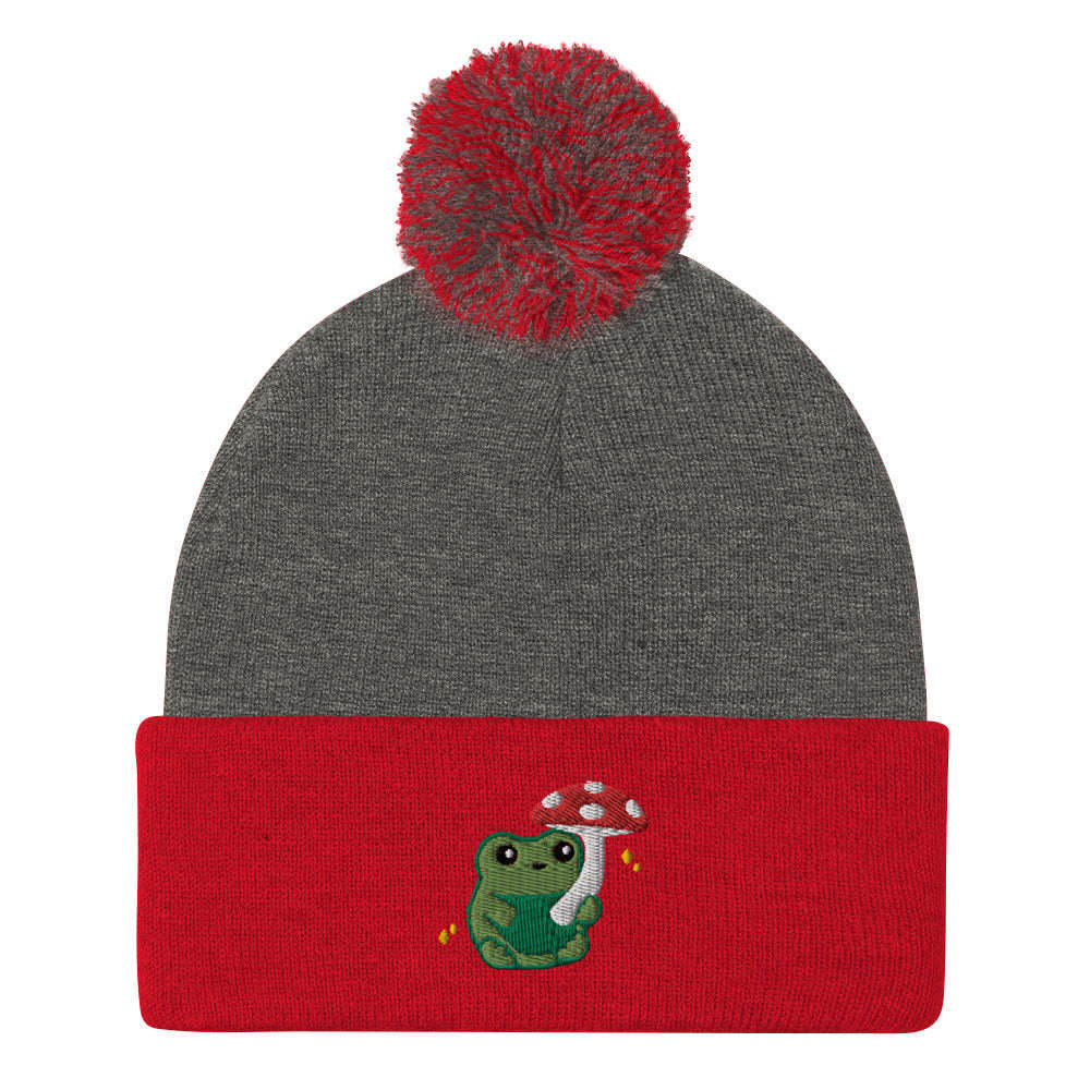Pom-pom Beanie with Green Frog holding Mushroom Umbrella: Dark Heather Grey/ Red