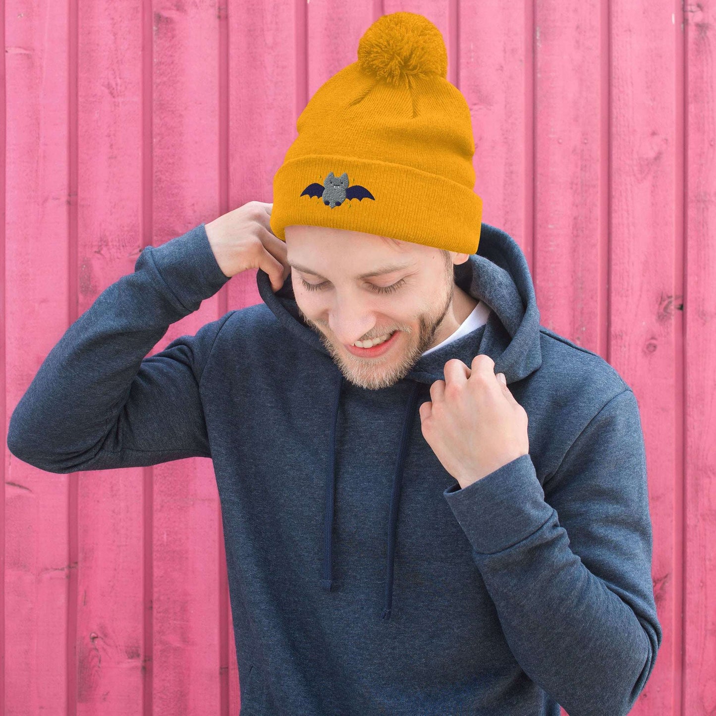 Halloween Bat Embroidered Pom-Pom Beanie. Fall / Winter Hat