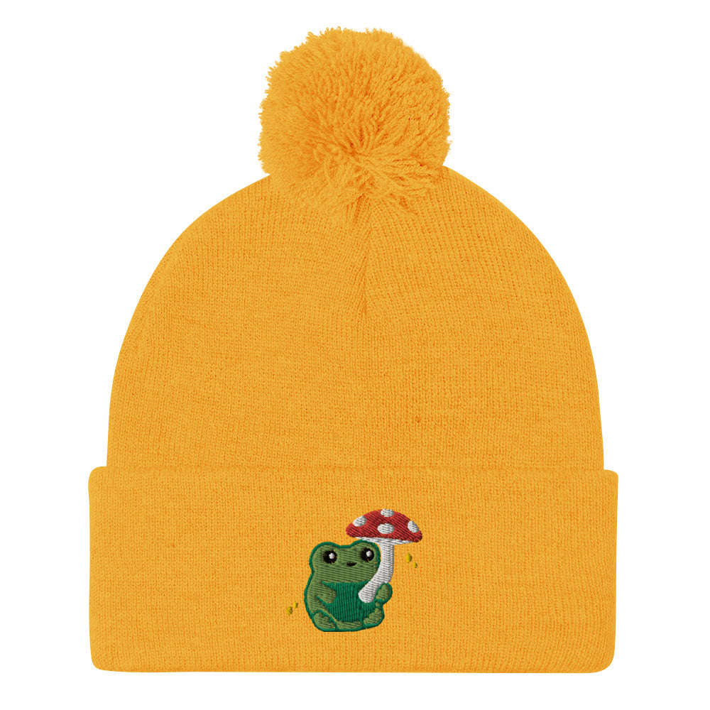 Pom-pom Beanie with Green Frog holding Mushroom Umbrella: Gold