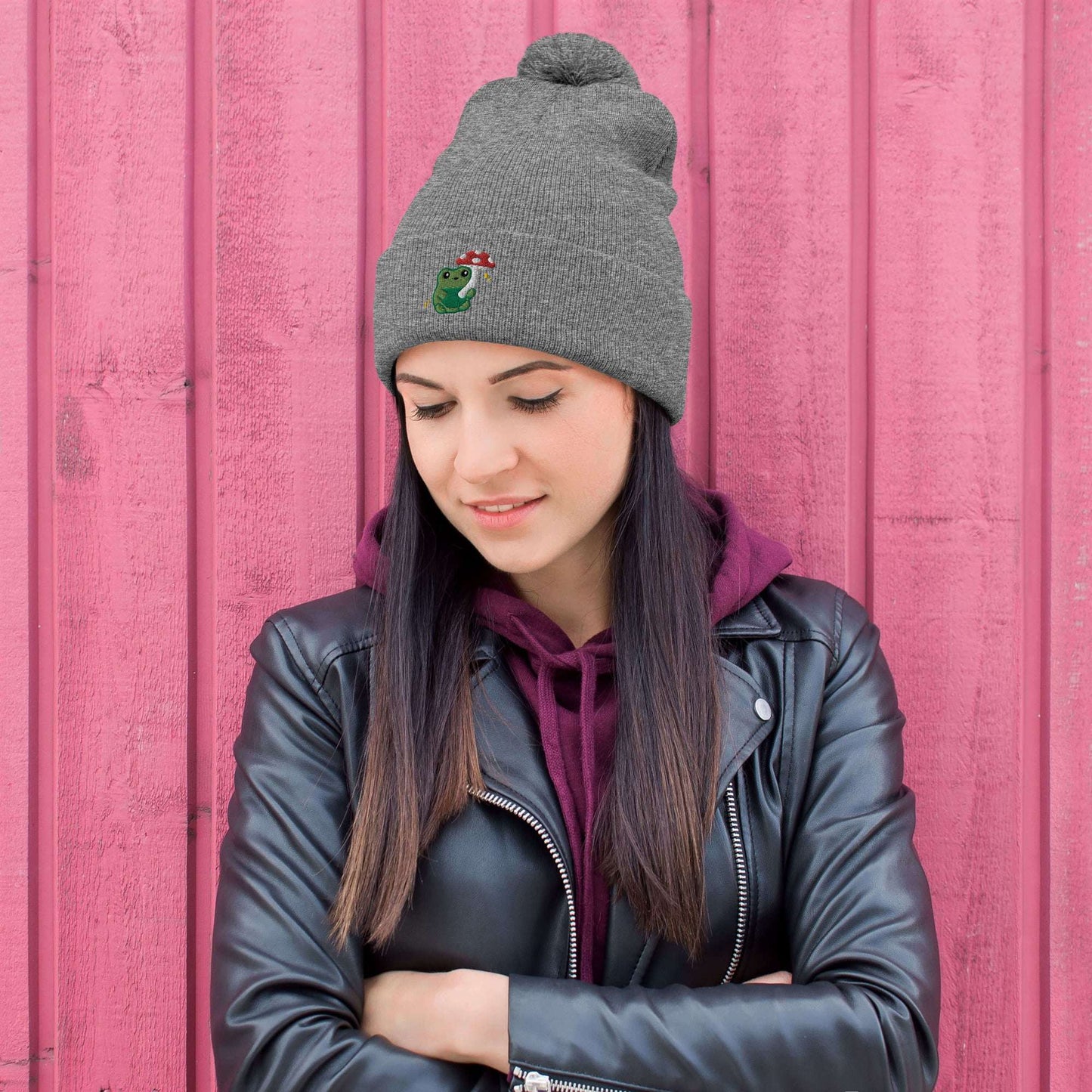 Pom-pom Beanie with Green Frog holding Mushroom Umbrella