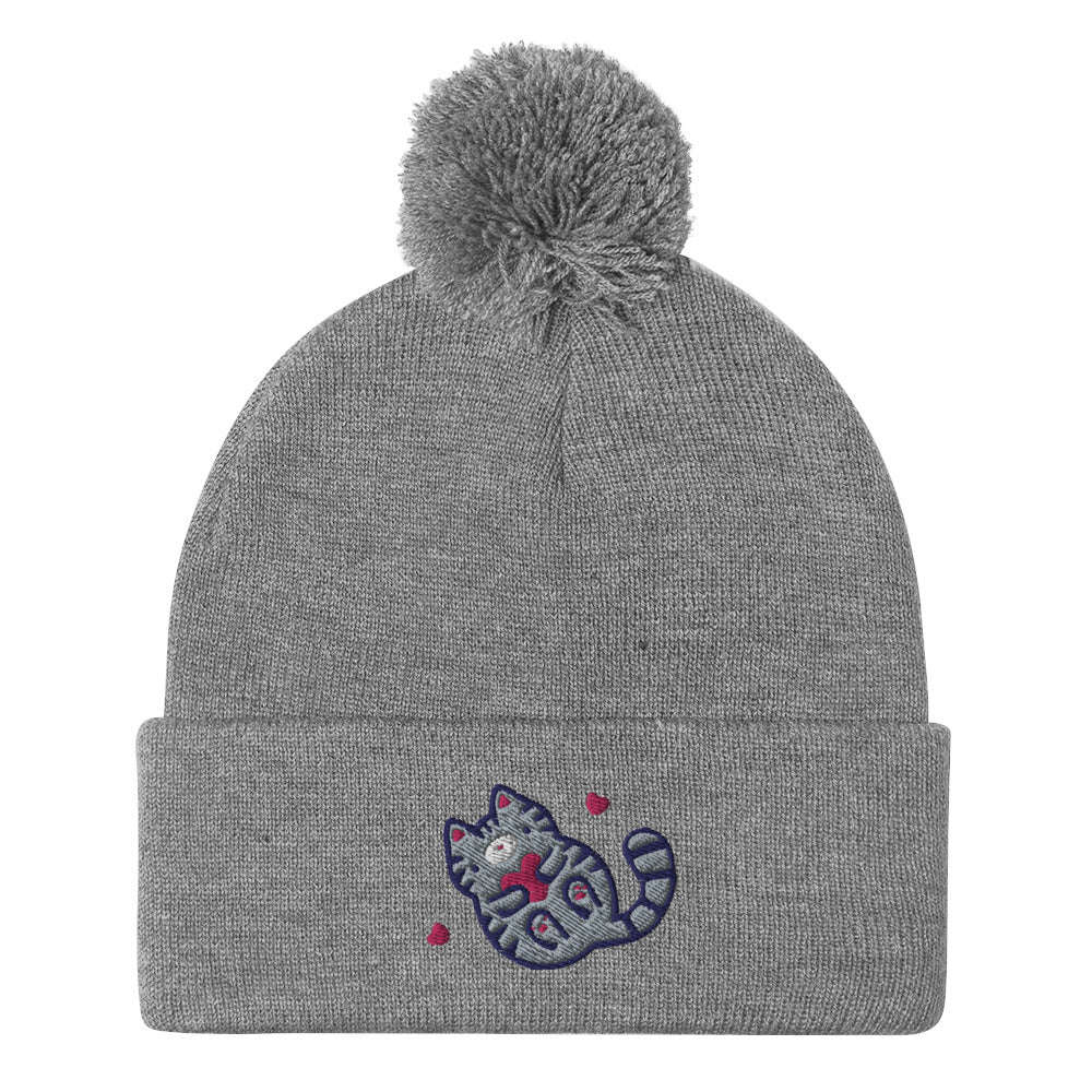 Grey Tabby Cat Pom-pom Beanie. Embroidered Kitten / Kitty Toque: Heather Grey
