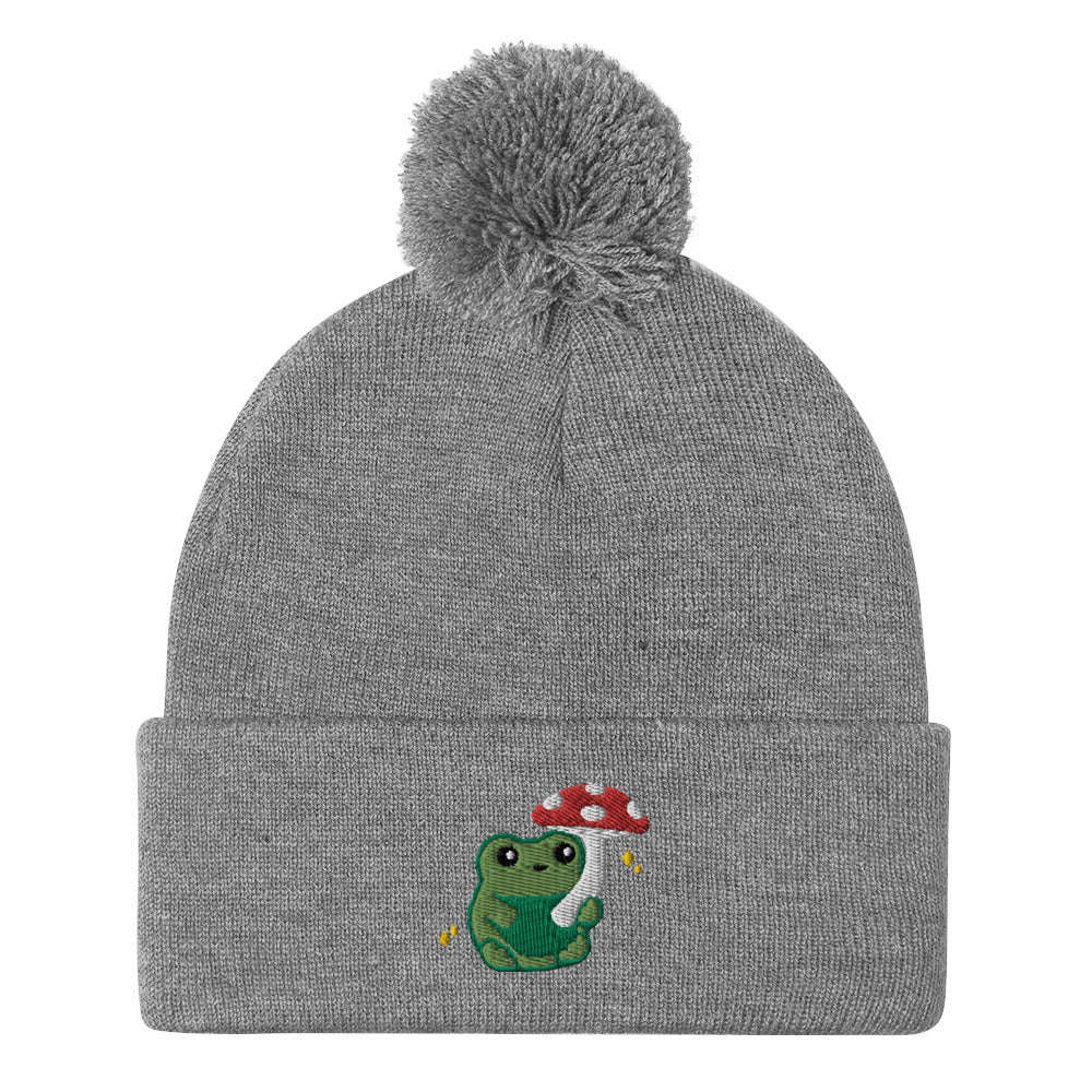 Pom-pom Beanie with Green Frog holding Mushroom Umbrella: Heather Grey