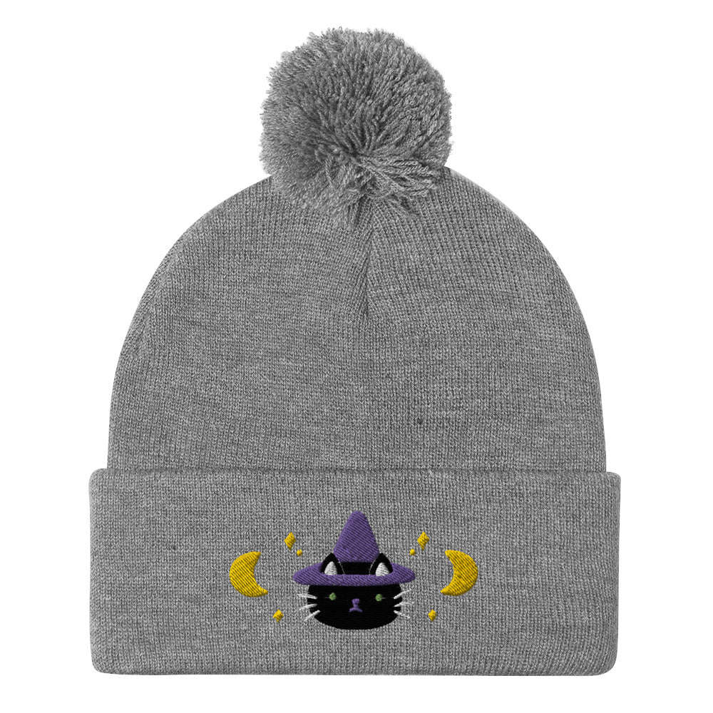 Cat Witch Pom-Pom Beanie. Halloween Fall / Winter Hat: Heather Grey