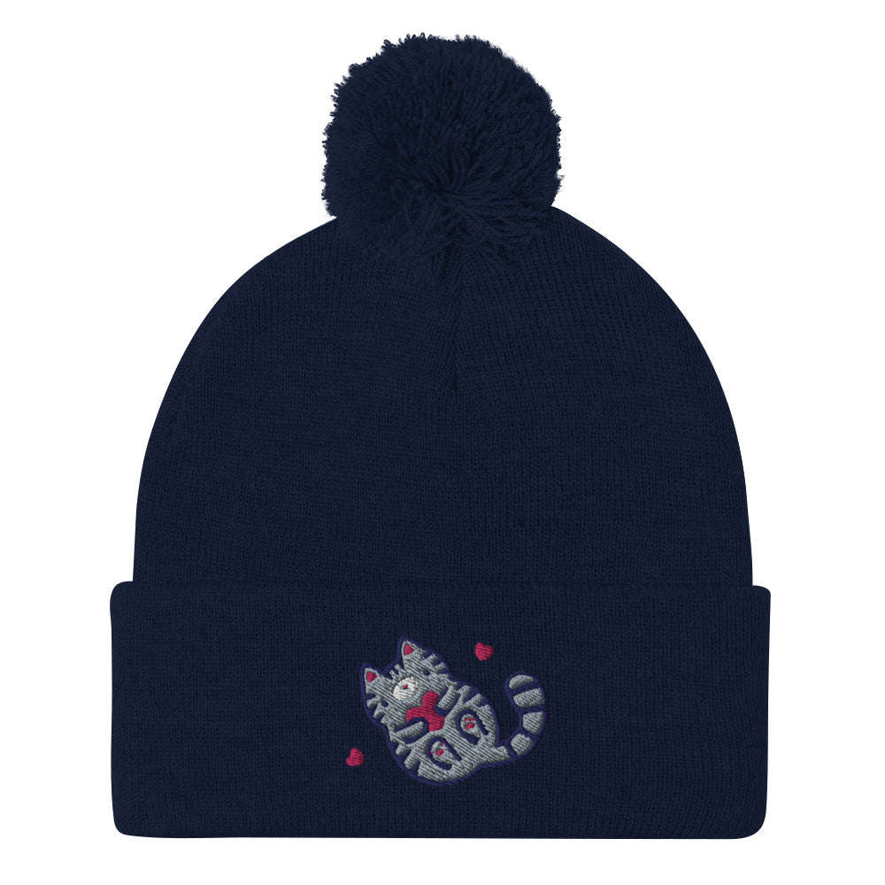 Grey Tabby Cat Pom-pom Beanie. Embroidered Kitten / Kitty Toque: Navy