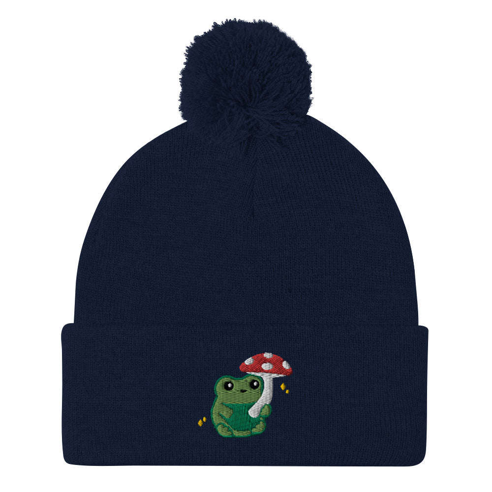 Pom-pom Beanie with Green Frog holding Mushroom Umbrella: Navy