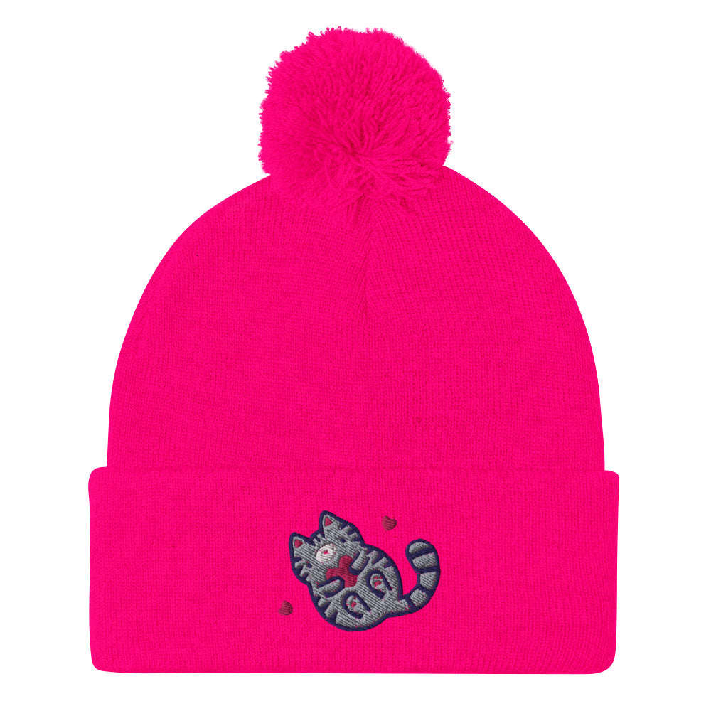 Grey Tabby Cat Pom-pom Beanie. Embroidered Kitten / Kitty Toque: Neon Pink