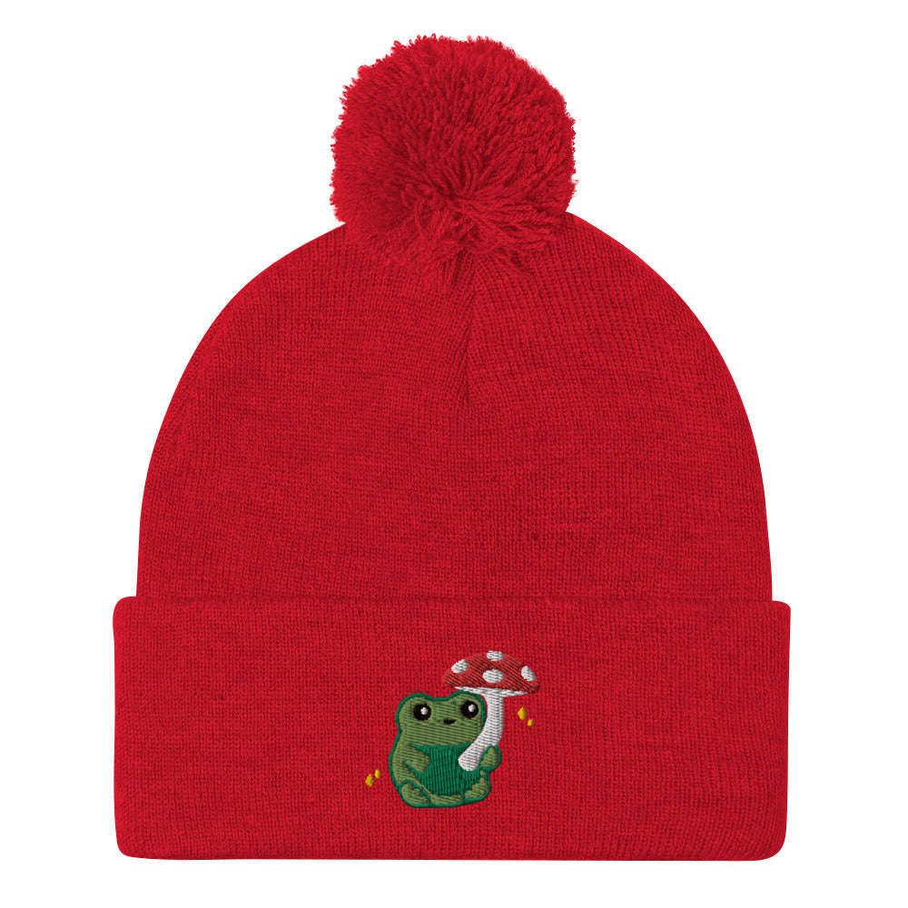 Pom-pom Beanie with Green Frog holding Mushroom Umbrella: Red