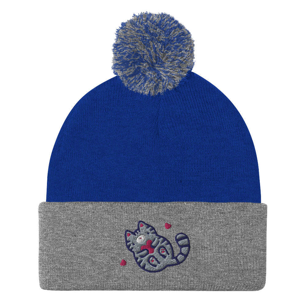 Grey Tabby Cat Pom-pom Beanie. Embroidered Kitten / Kitty Toque: Royal/ Heather Grey