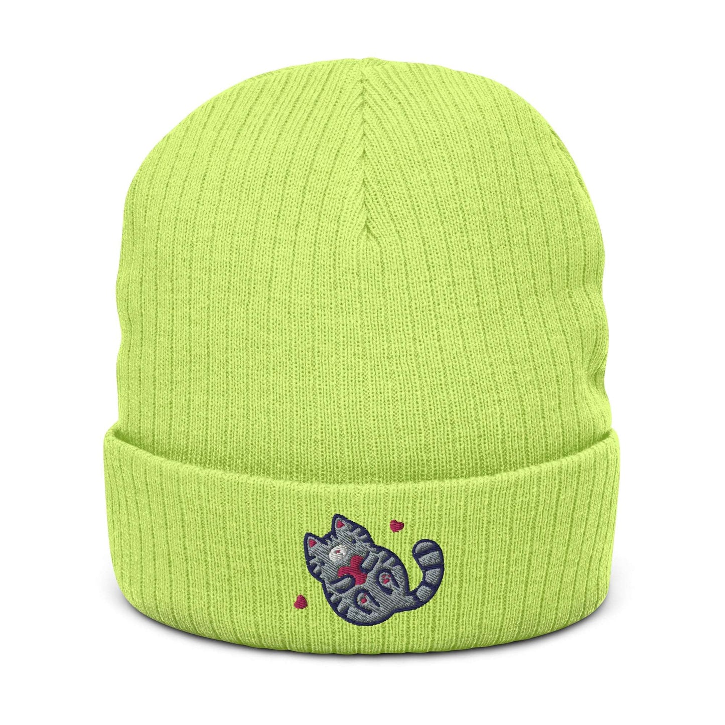 Ribbed Beanie with Embroidered Grey Tabby Cat. Unisex Toque: Acid Green