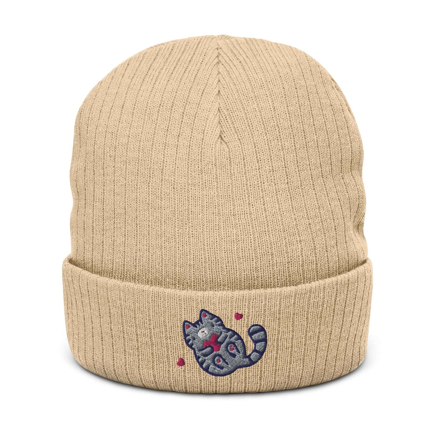 Ribbed Beanie with Embroidered Grey Tabby Cat. Unisex Toque: Beige