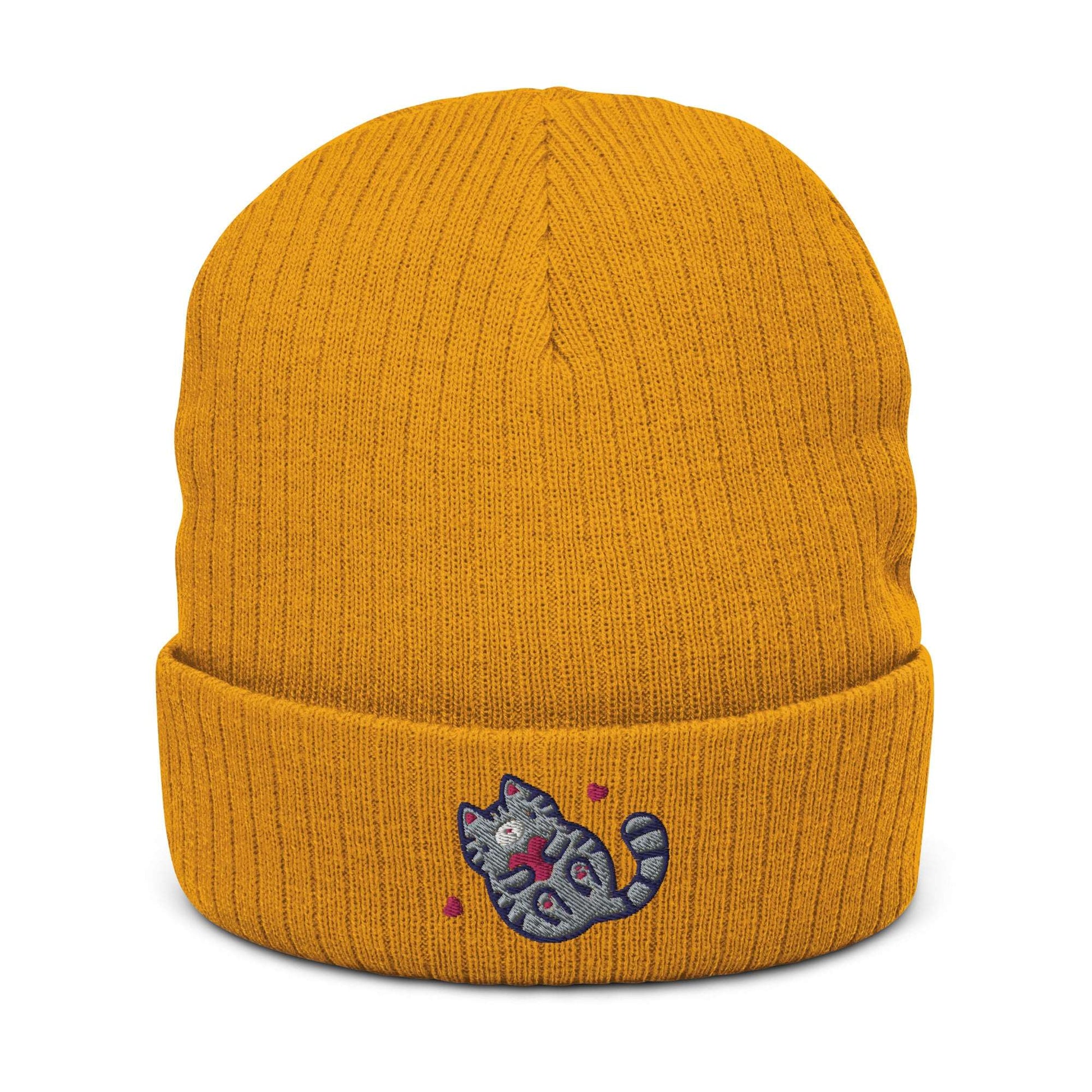 Ribbed Beanie with Embroidered Grey Tabby Cat. Unisex Toque: Mustard