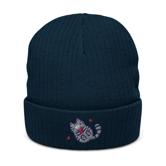 Ribbed Beanie with Embroidered Grey Tabby Cat. Unisex Toque: Navy