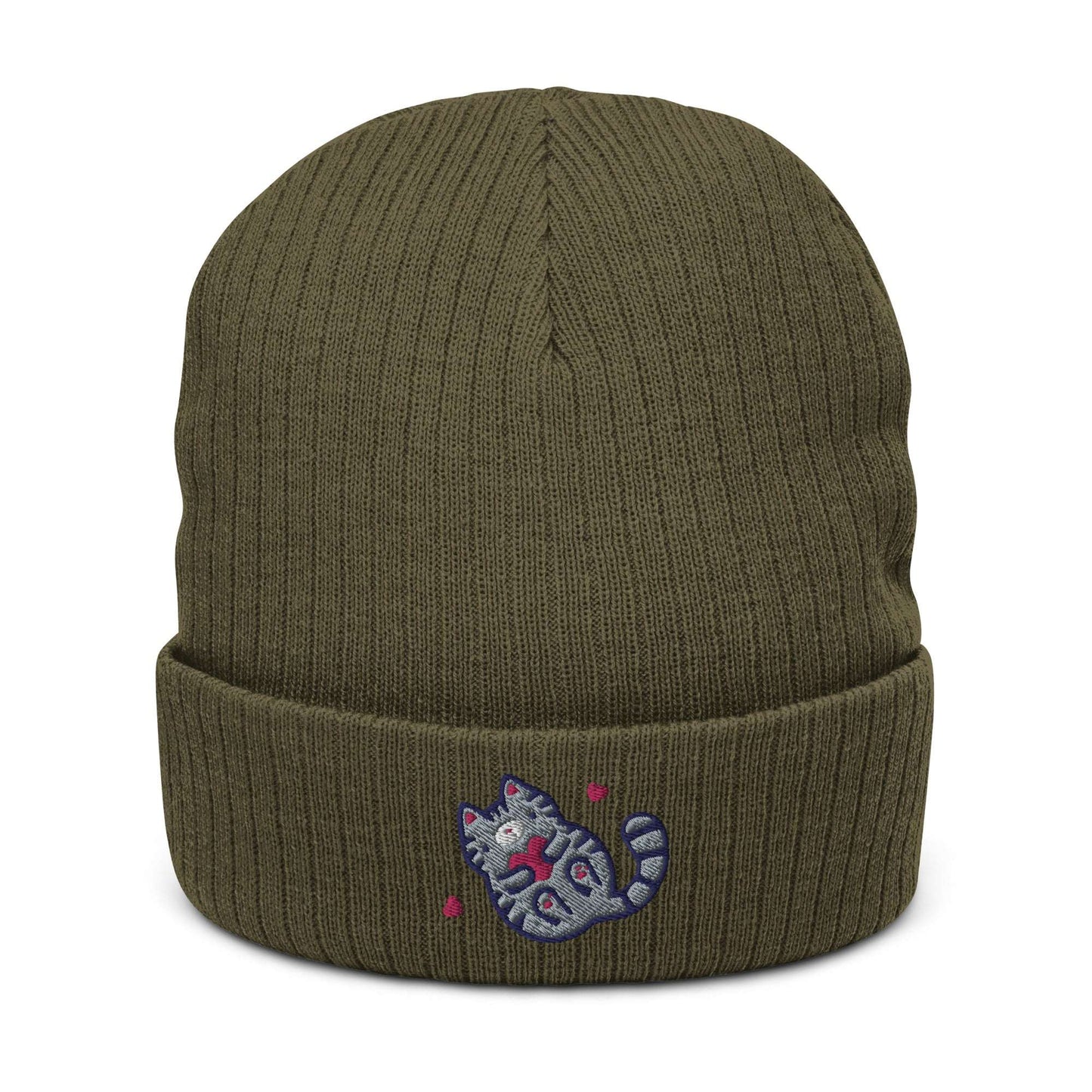 Ribbed Beanie with Embroidered Grey Tabby Cat. Unisex Toque: Olive