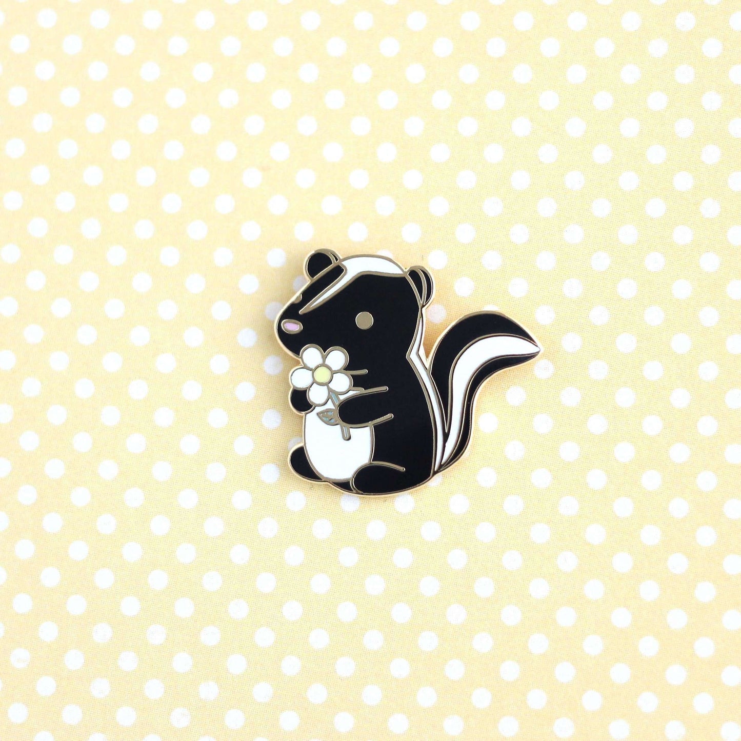 Skunk and Daisy Enamel Pin (Black Variant) - Cute Skunk Gift