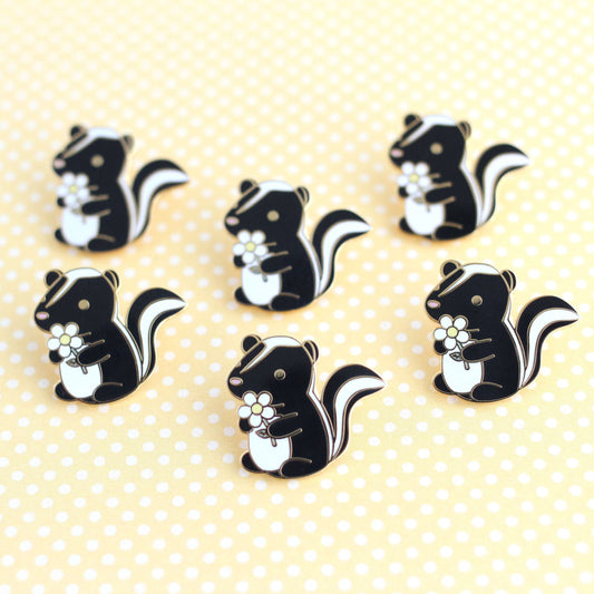 Skunk and Daisy Enamel Pin (Black Variant) - Cute Skunk Gift