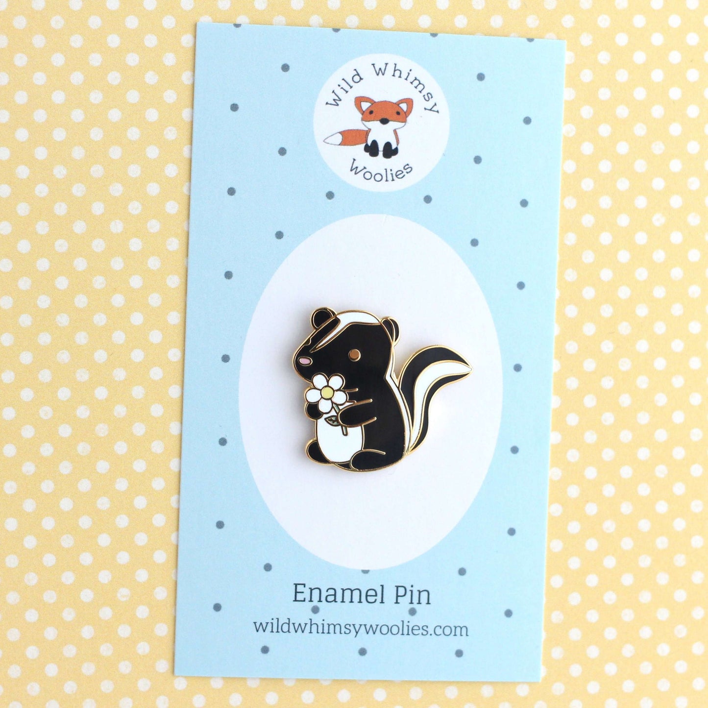 Skunk and Daisy Enamel Pin (Black Variant) - Cute Skunk Gift