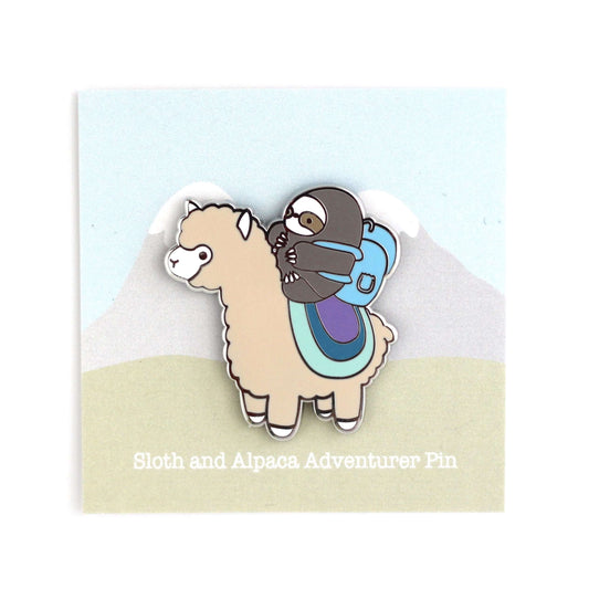 Sloth and Alpaca Adventurer Enamel Pin (Silver) - Llama Pin for Backpack - Sloth Gift