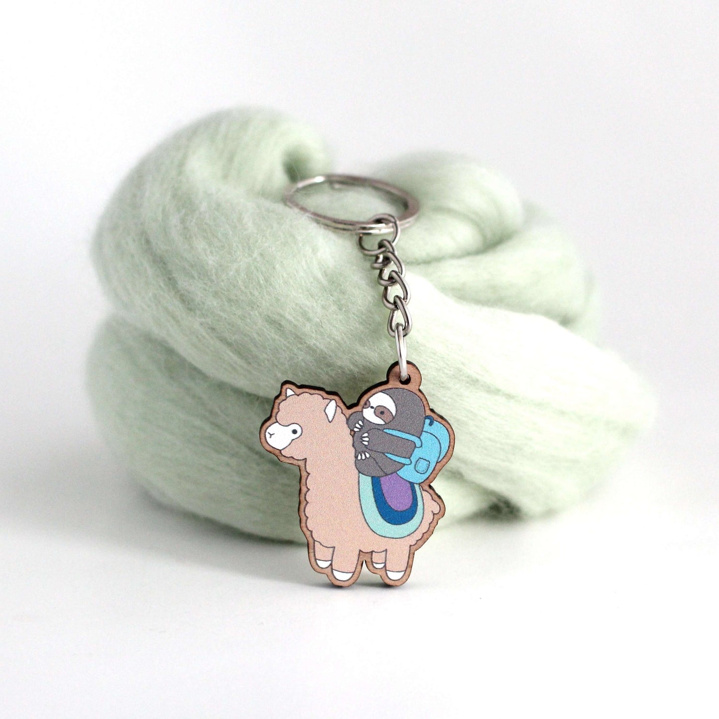 Sloth and Alpaca Adventurer Wooden Keychain (Brown) - Sustainable Gift - Llama Gift