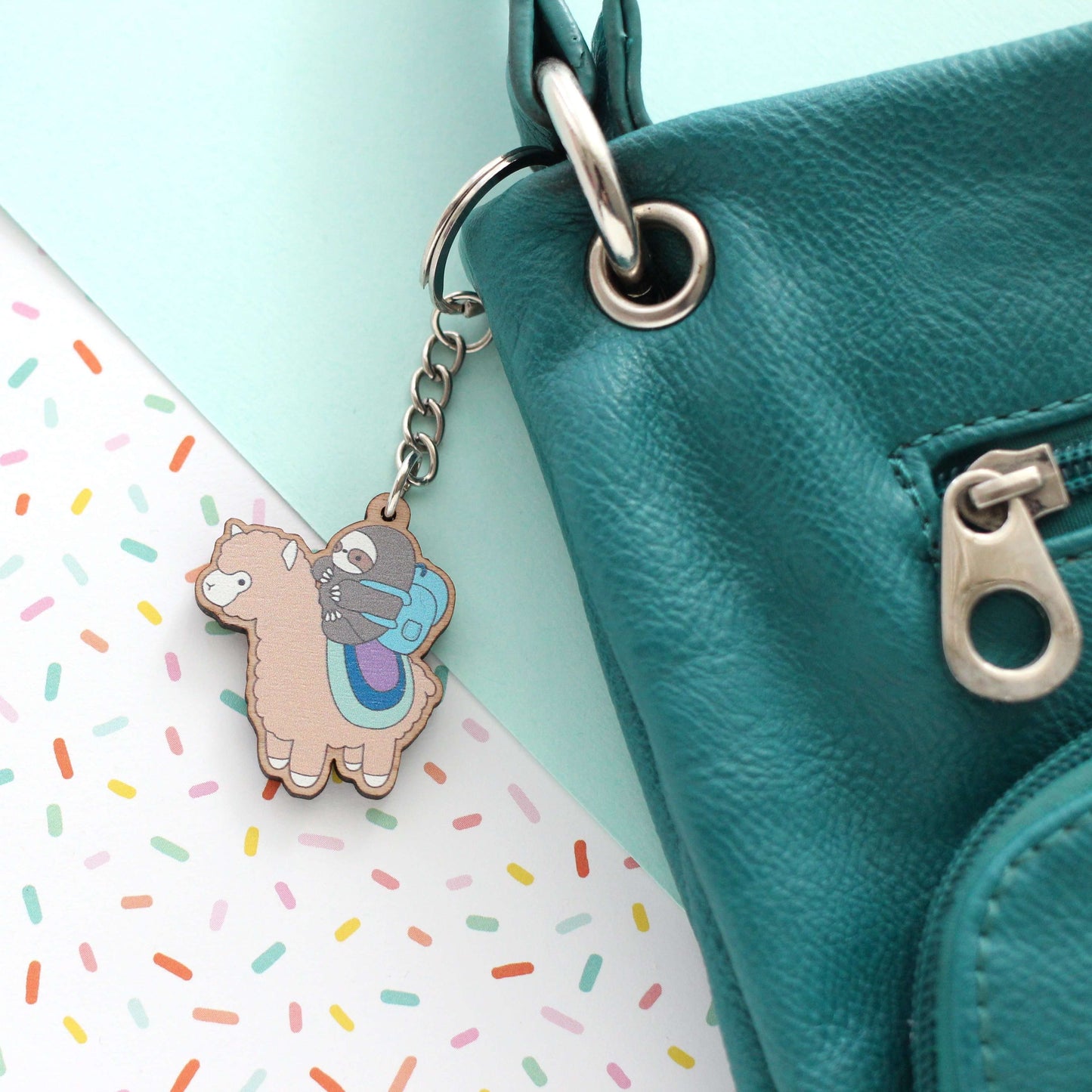 Sloth and Alpaca Adventurer Wooden Keychain (Brown) - Sustainable Gift - Llama Gift