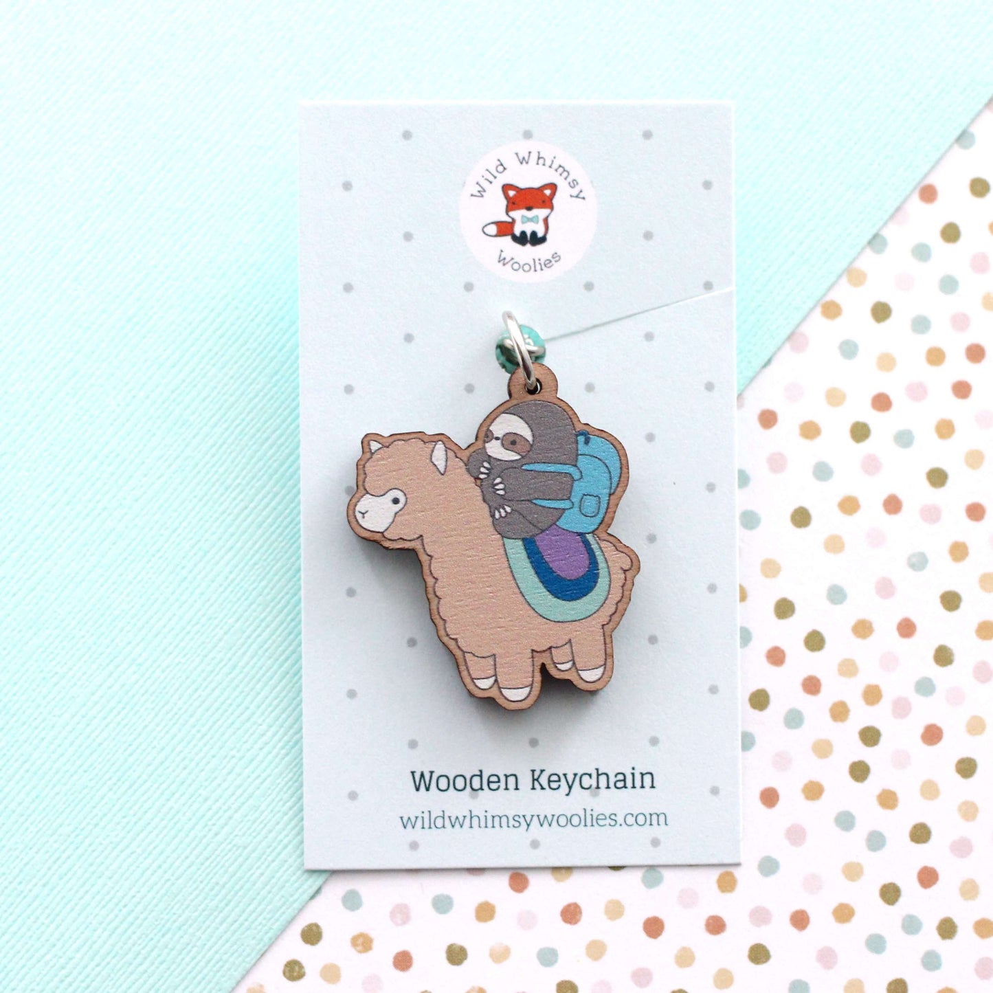 Sloth and Alpaca Adventurer Wooden Keychain (Brown) - Sustainable Gift - Llama Gift