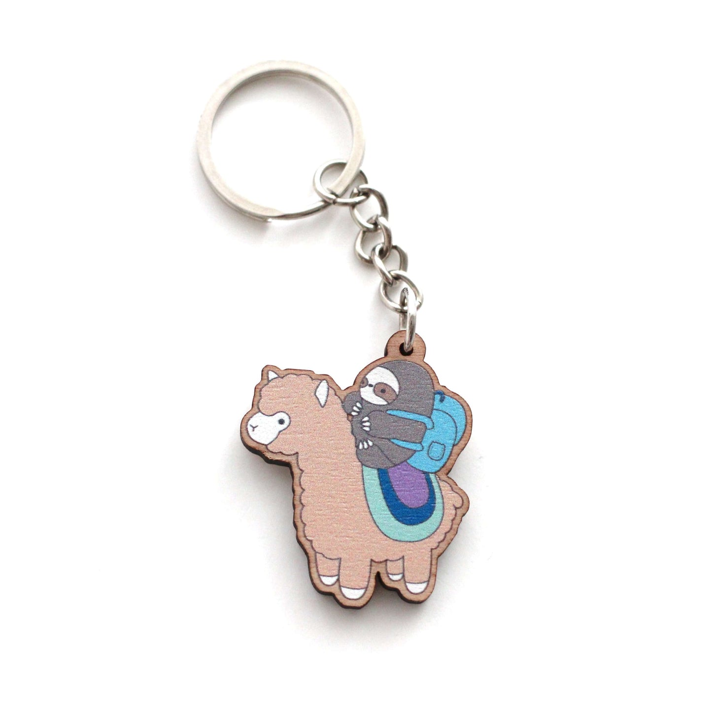 Sloth and Alpaca Adventurer Wooden Keychain (Brown) - Sustainable Gift - Llama Gift