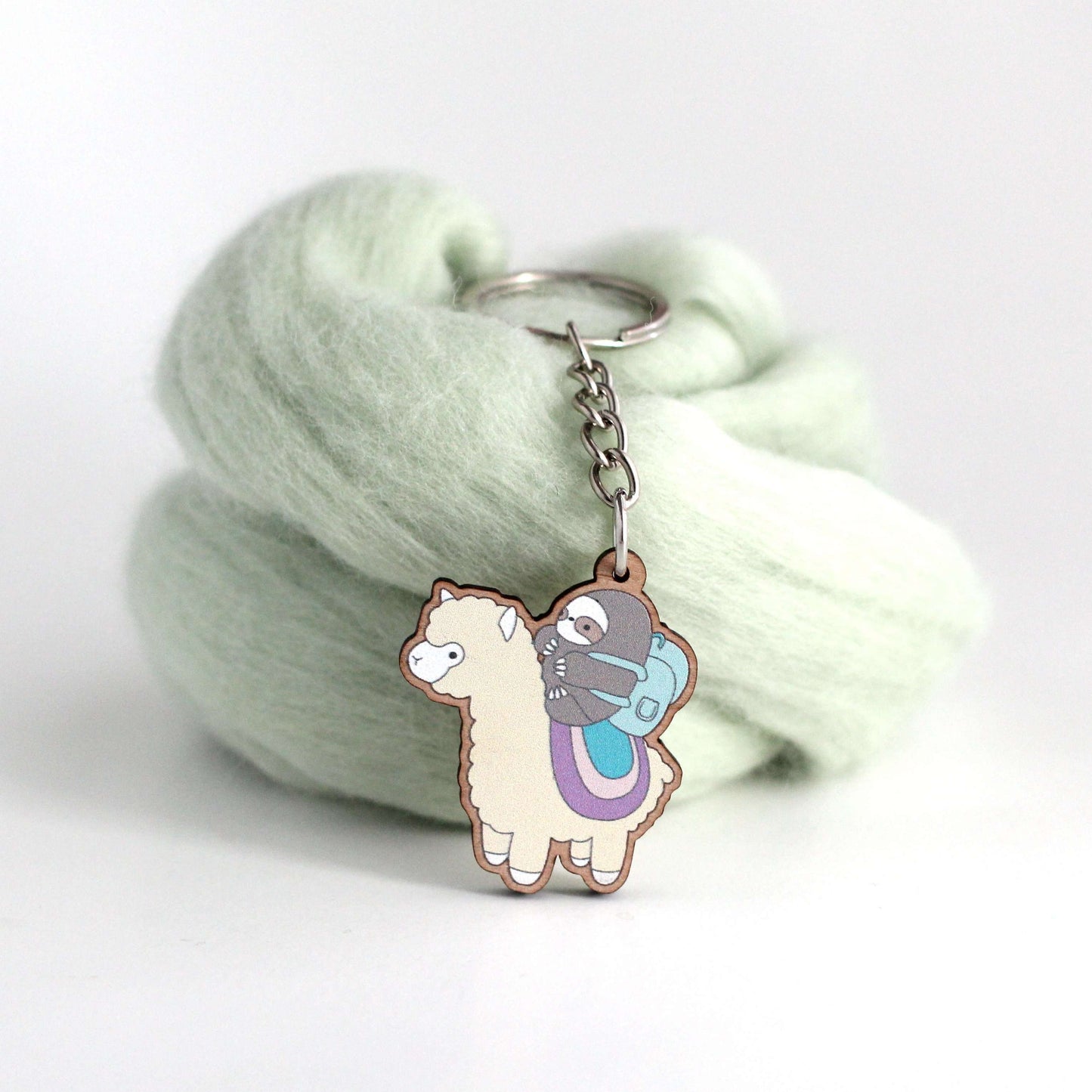 Sloth and Alpaca Adventurer Wooden Keychain (Light) - Sustainable Gift - Llama Gift