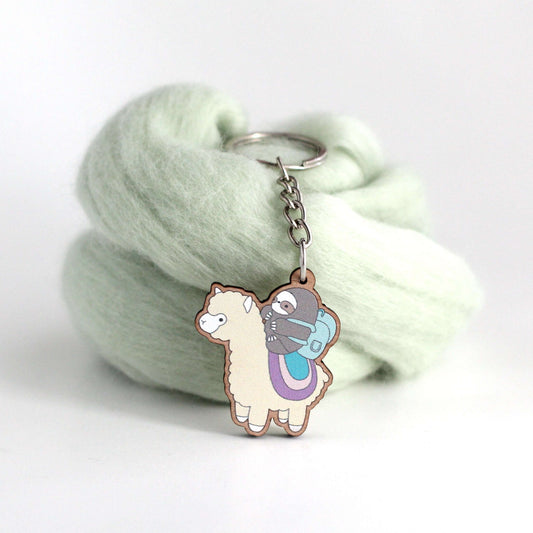 Sloth and Alpaca Adventurer Wooden Keychain (Light) - Sustainable Gift - Llama Gift