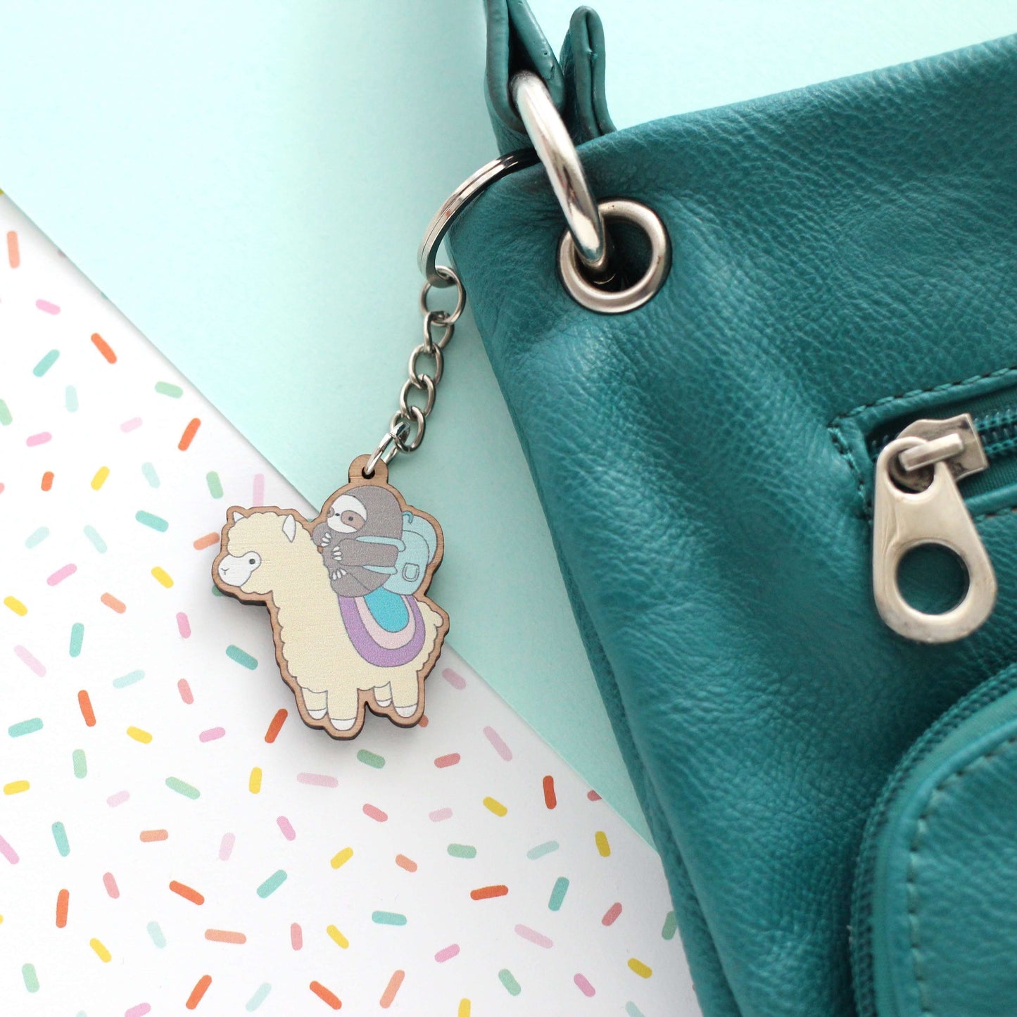 Sloth and Alpaca Adventurer Wooden Keychain (Light) - Sustainable Gift - Llama Gift