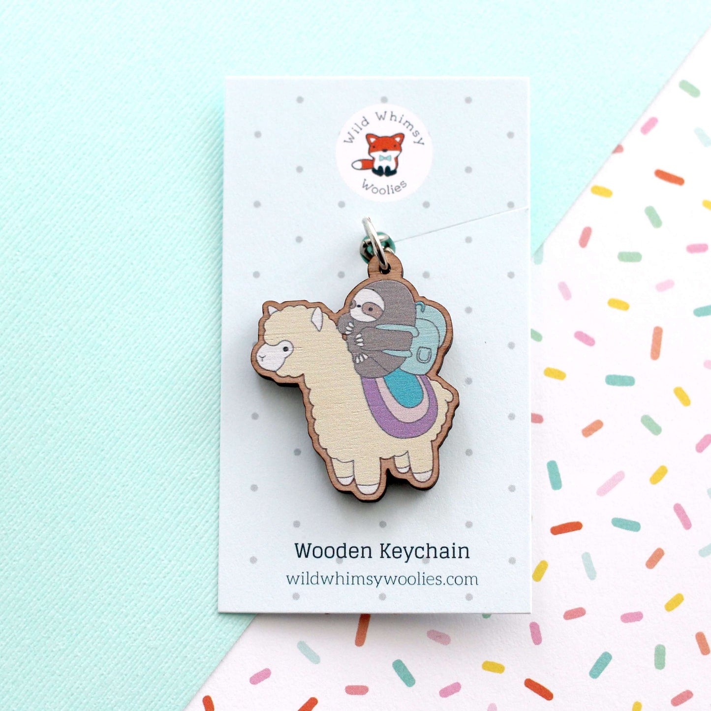 Sloth and Alpaca Adventurer Wooden Keychain (Light) - Sustainable Gift - Llama Gift