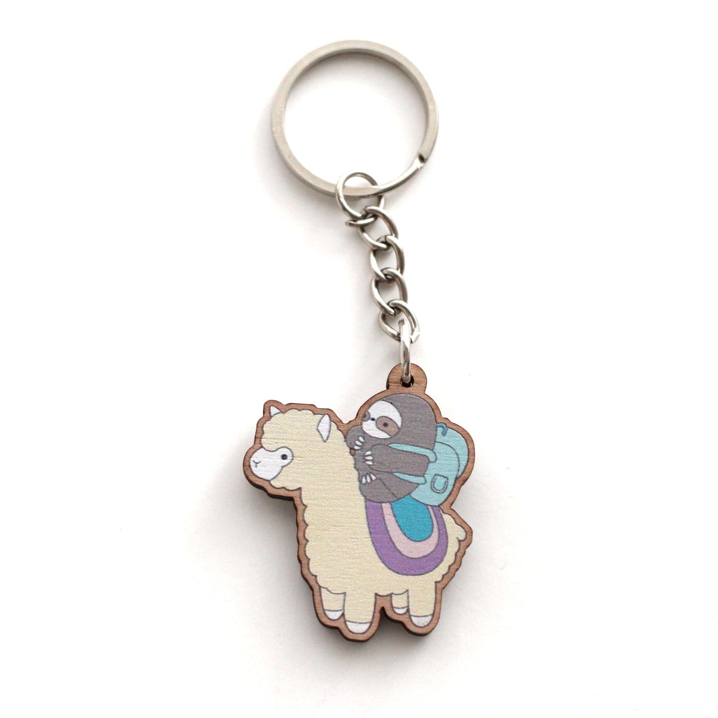 Sloth and Alpaca Adventurer Wooden Keychain (Light) - Sustainable Gift - Llama Gift