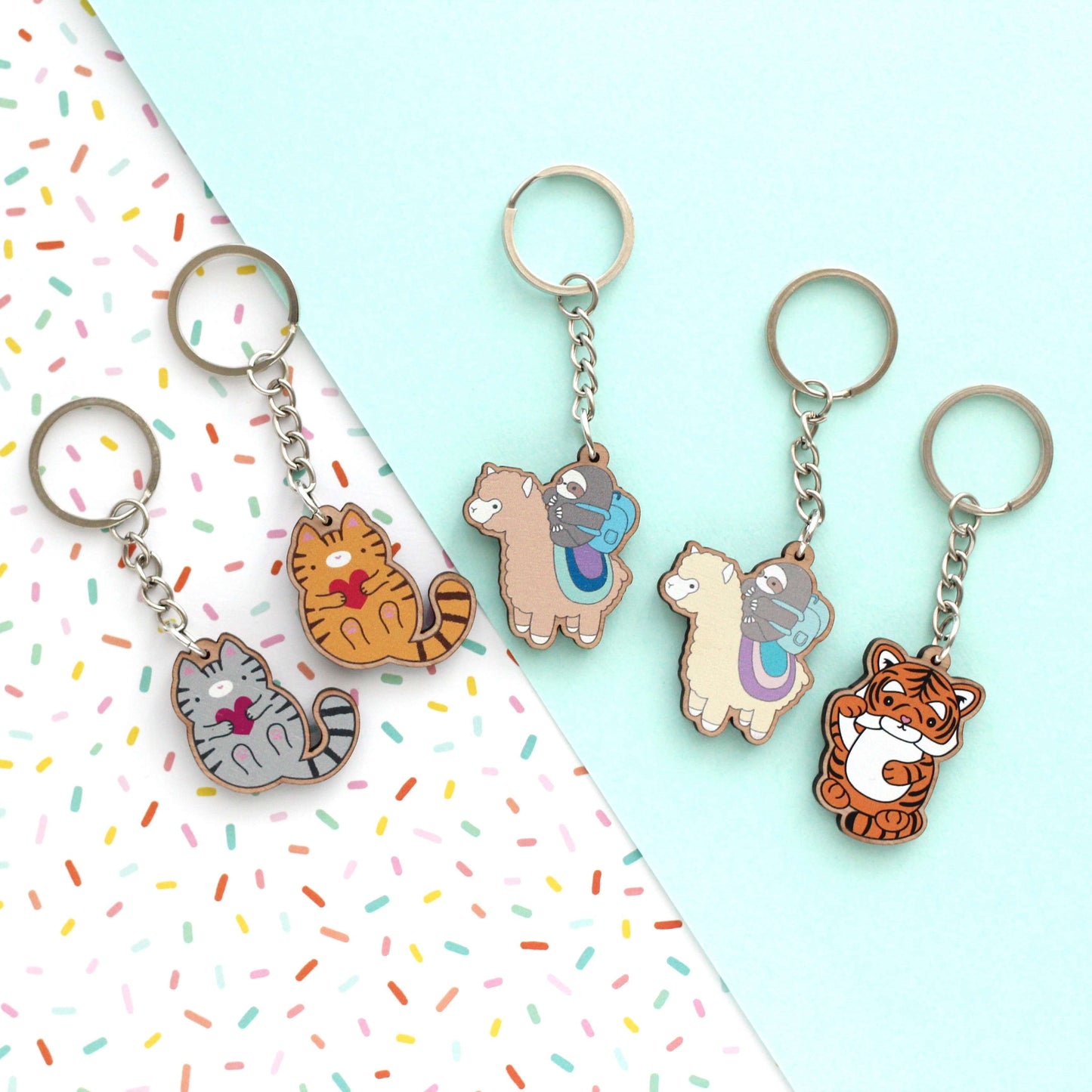 Sloth and Alpaca Adventurer Wooden Keychain (Light) - Sustainable Gift - Llama Gift