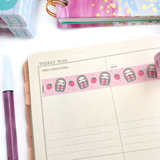 Strawberry Sloth Washi Tape - Sloth Lover Gift - Sloth Stationery
