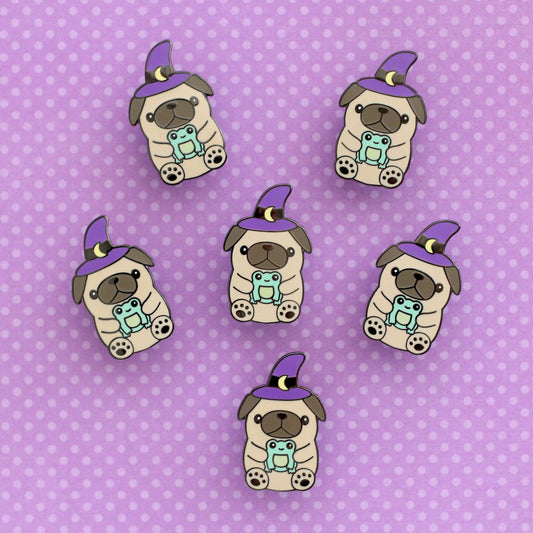 Wizard Pug Enamel Pin - Pug Holding Frog Pin - Halloween Puppy Witch Pin