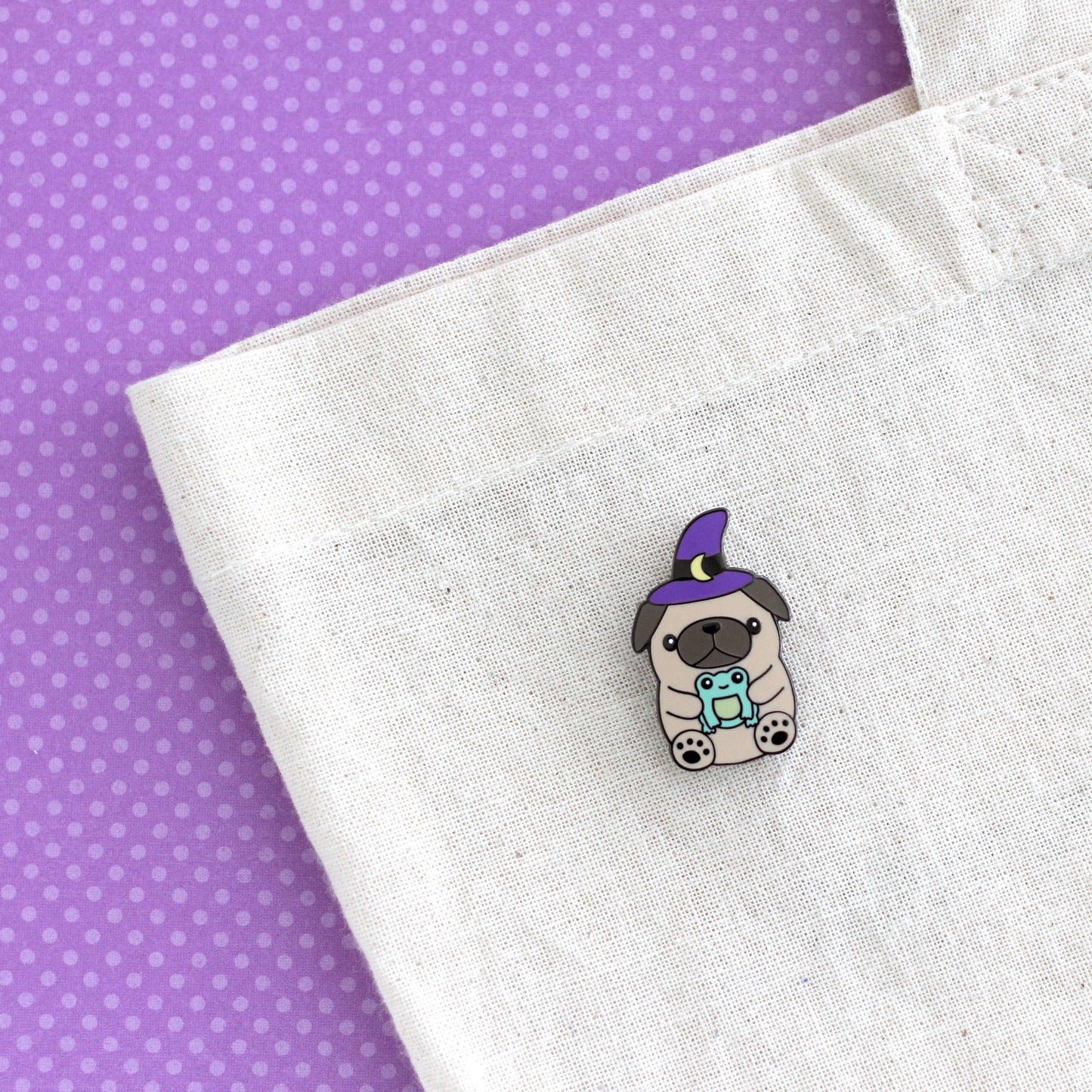 Wizard Pug Enamel Pin - Pug Holding Frog Pin - Halloween Puppy Witch Pin