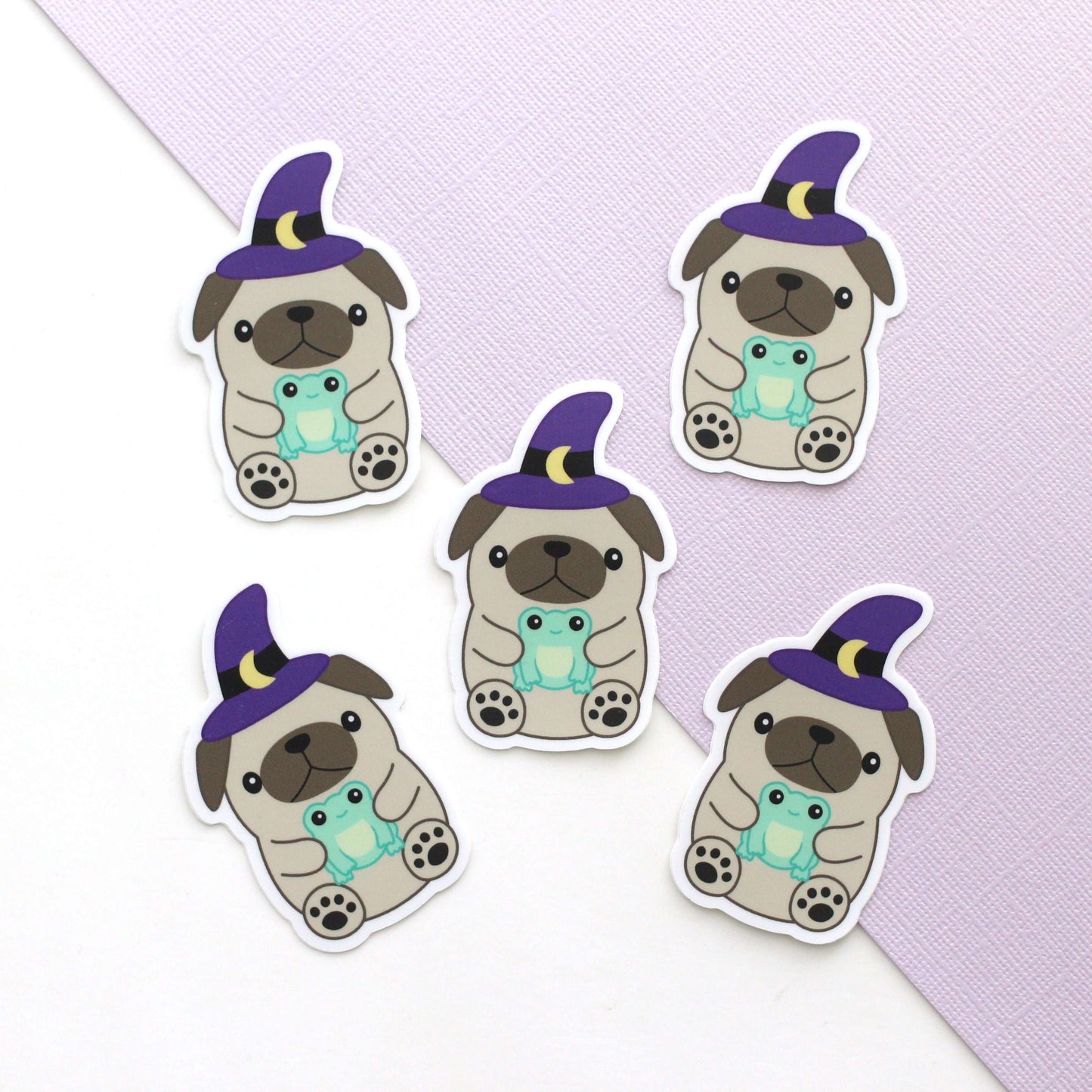 Wizard Pug Vinyl Sticker - Cute Halloween Pug Witch with Frog Sticker