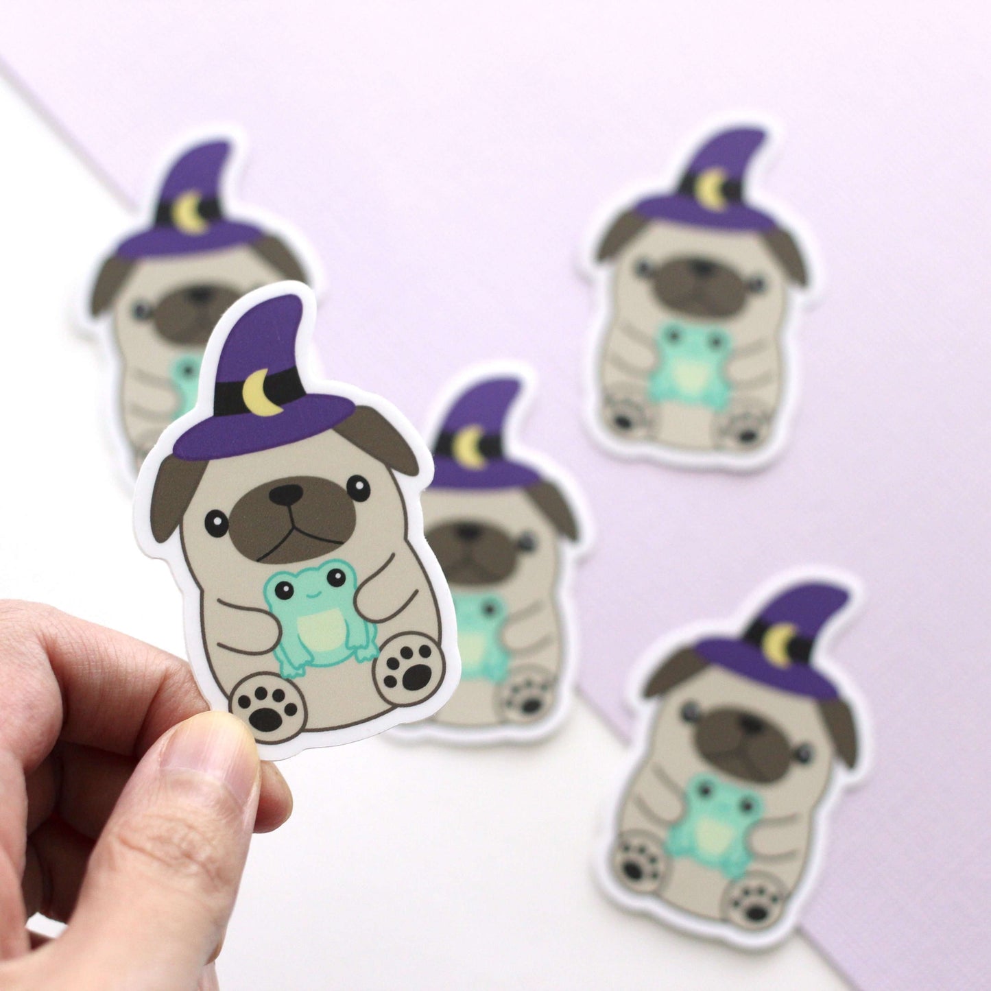 Wizard Pug Vinyl Sticker - Cute Halloween Pug Witch with Frog Sticker