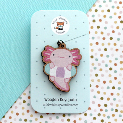 Axolotl with Floatie Wooden Keychain - Axolotl Wood Charm