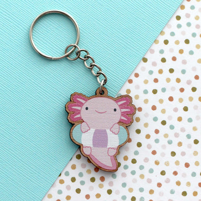 Axolotl with Floatie Wooden Keychain - Axolotl Wood Charm