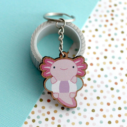 Axolotl with Floatie Wooden Keychain - Axolotl Wood Charm