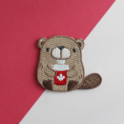 Beaver with Red Coffee Cup Embroidered Patch