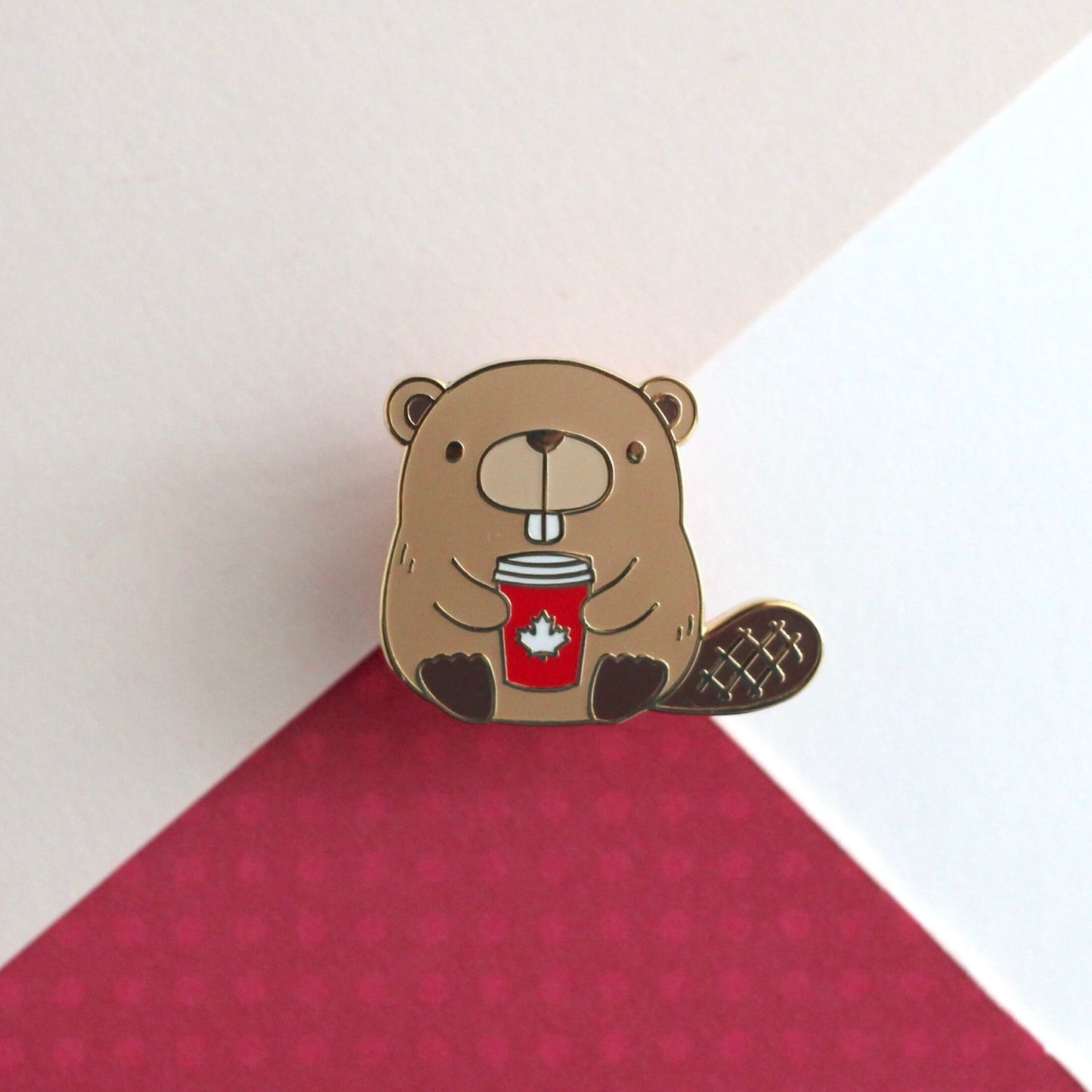 Beaver with Red Maple Leaf Coffee Cup Enamel Pin