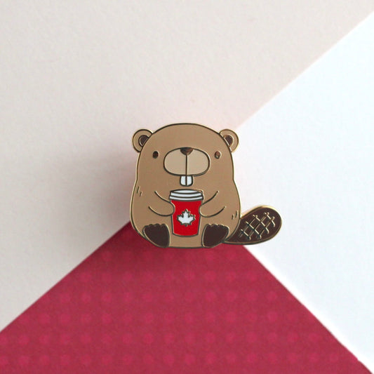 Beaver with Red Maple Leaf Coffee Cup Enamel Pin