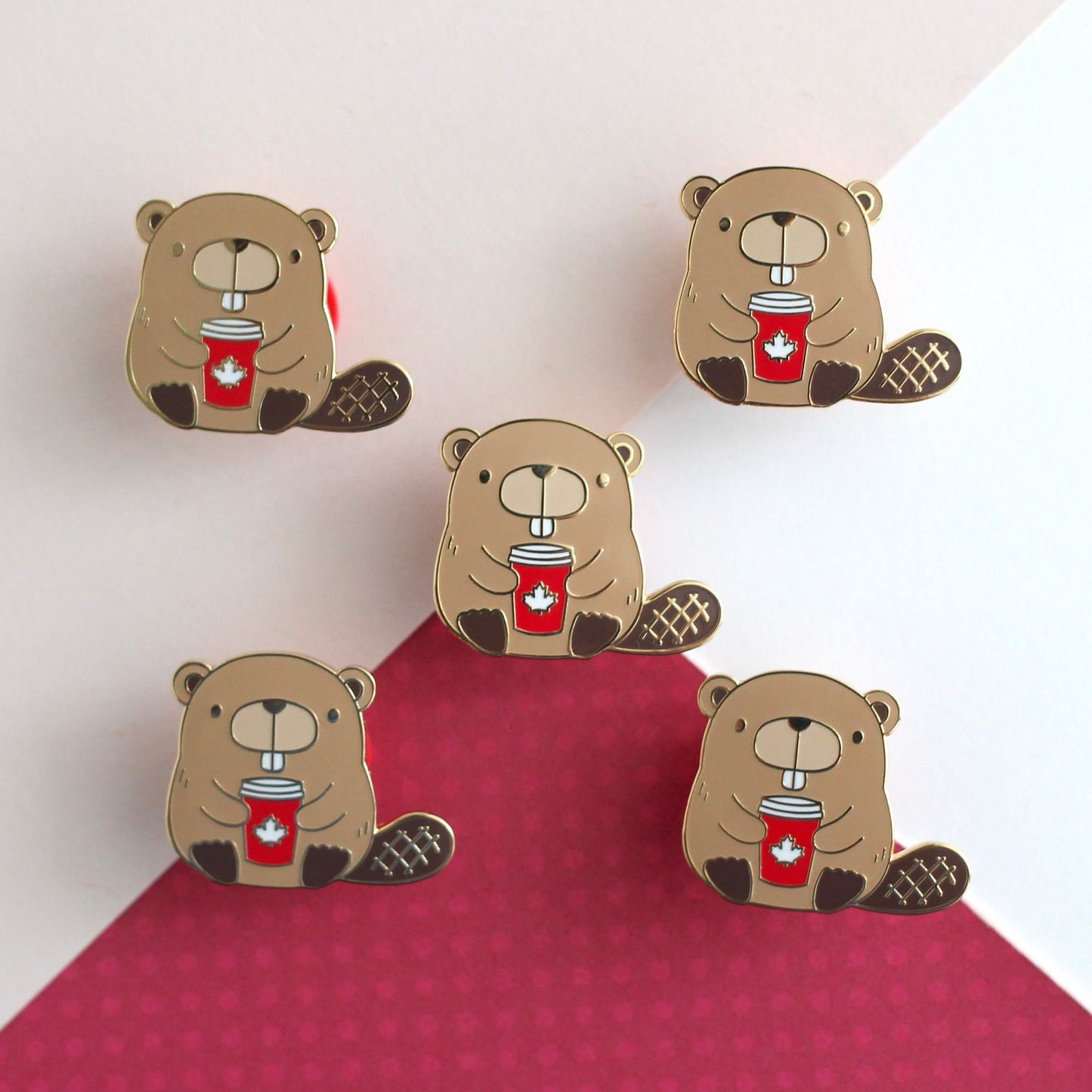 Beaver with Red Maple Leaf Coffee Cup Enamel Pin